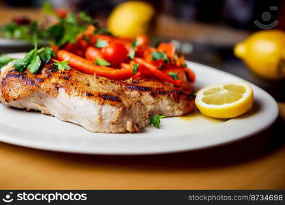 Vertical shot of delicious steak with  vegetables 3d illustrated