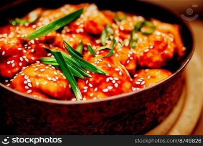Vertical shot of delicious sticky orange chicken 3d illustrated