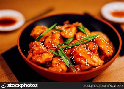 Vertical shot of delicious sticky orange chicken 3d illustrated