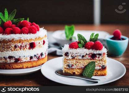 Vertical shot of Delicious tasty coconut sprinkled layered cake 3d illustrated