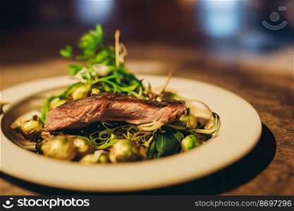 Vertical shot of Delicious tasty duck served with fried sprouts 3d illustrated