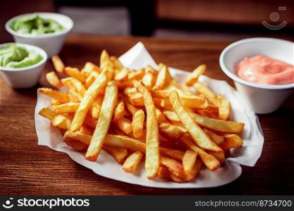 Vertical shot of delicious tasty fried fries with sauce 3d illustrated