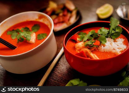 Vertical shot of delicious thai style red curry soup 3d illustrated