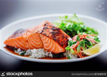 Vertical shot of delicious thai style salmon 3d illustrated