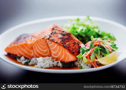 Vertical shot of Delicious Thai style salmon with vegetable dressing 3d illustrated