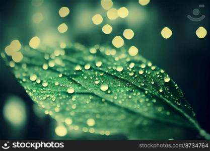 Vertical shot of green leaf with rain droplets 3d illustrated