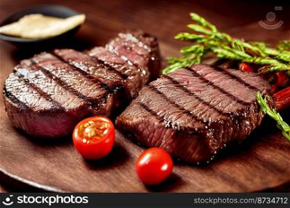 Vertical shot of grilled tasty beef steak with vegetable 3d illustrated
