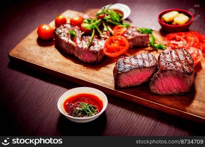 Vertical shot of grilled tasty beef steak with vegetable and delicious sauces 3d illustrated