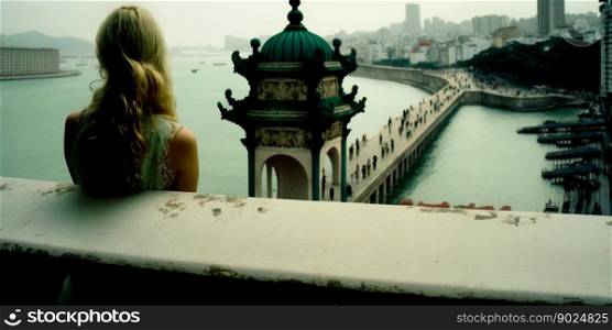 Vertical shot of Macau China with Beautiful strong young woman