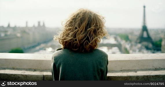 Vertical shot of Paris France with Beautiful strong young woman