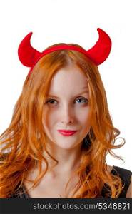 Vertical shot of redhead girl with red horns looks like pretty Devil? isolated on white