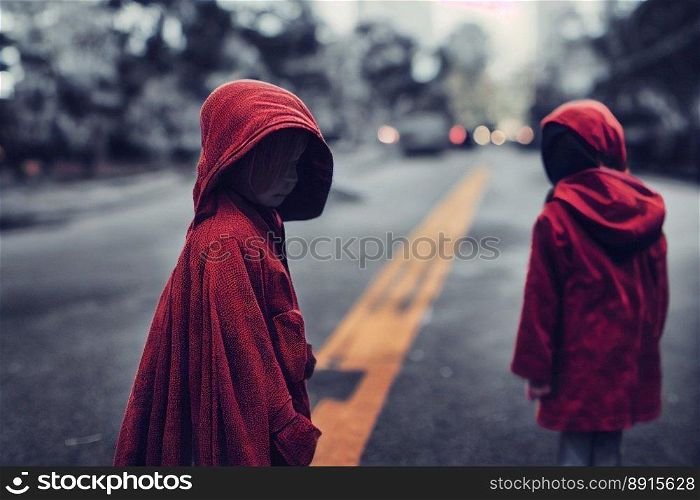 Vertical shot of scary kids goes to village, kid wearing red hoods goes to adventure