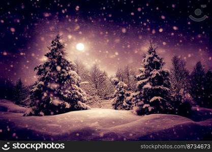 Vertical shot of snowy dark scary forest in winter 3d illustrated