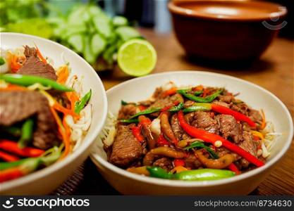 Vertical shot of Thai style delicious chili beef 3d with snake bean 3d illustrated