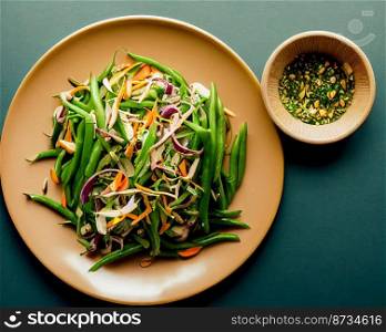 Vertical shot of Thai Style delicious green bean salad 3d illustrated