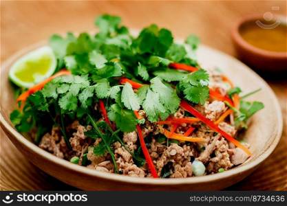 Vertical shot of Thai style delicious pork larb 3d illustrate