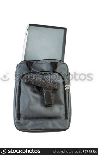 Vertical view of laptop computer, personal weapon and carry case, isolated on white