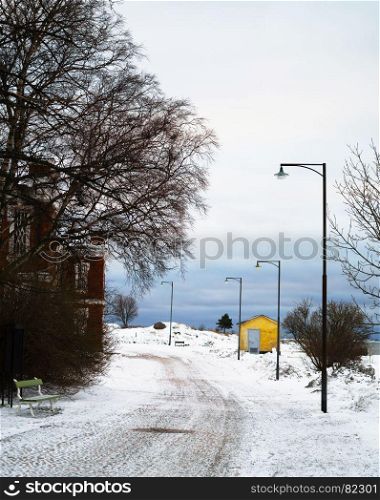 Vertical winter small Finland town street background backdrop