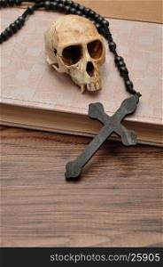Vervet monkey skull with rosary beads on top of an old book