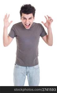 very angry casual man screaming and gesturing isolated on white background