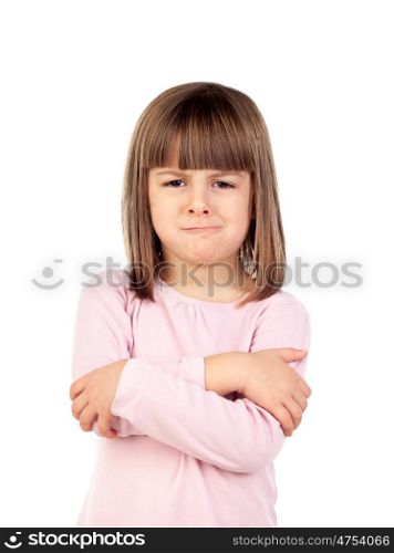 Very angry girl with pink t-shirt isolated on a white background