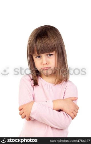 Very angry girl with pink t-shirt isolated on a white background