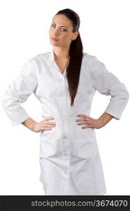 very beautiful brunette woman in white gown as a medical doctor