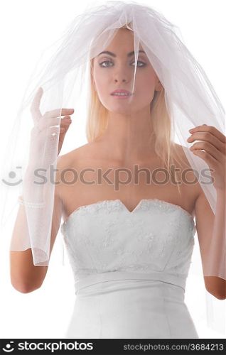 very beautiful girl with wedding white dress, veil over visage, pearls bracelet and nacked shoulders on white background