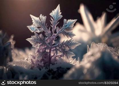 Very beautiful ice crystals in close-up against a soft winter background created with generative AI technology