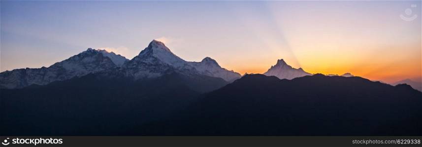 Very beautiful surise in Himalaya mountains panorama, Nepal