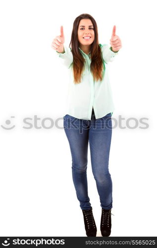 Very beautiful young woman signaling ok, isolated over white