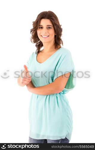 Very beautiful young woman signaling ok, isolated over white