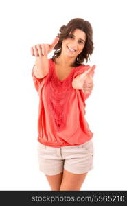 Very beautiful young woman signaling ok, isolated over white