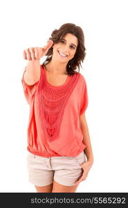 Very beautiful young woman signaling ok, isolated over white