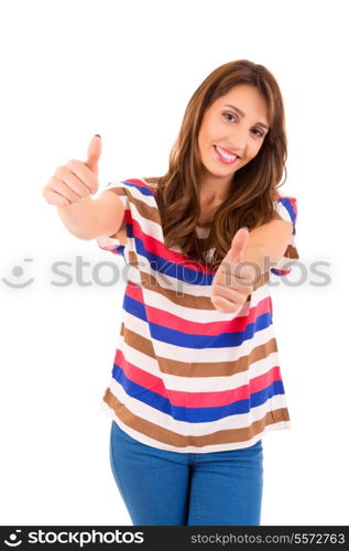 Very beautiful young woman signaling ok, isolated over white