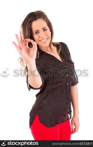 Very beautiful young woman signaling ok, isolated over white