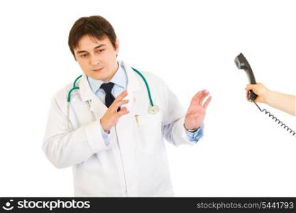 Very busy medical doctor refusing answer on phone call isolated on white&#xA;