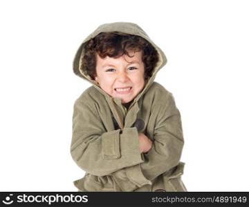 Very cold child wearing hooded coat isolate on a white background