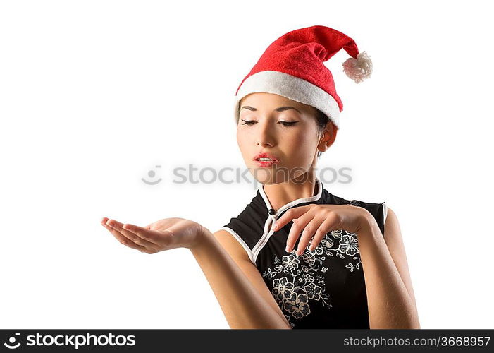 very cute asian girl with red santa claus hat and black shirt