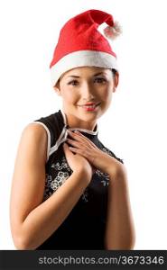 very cute asian girl with red santa claus hat and black shirt