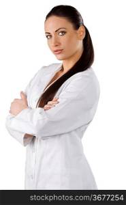 very cute brunette woman with stunning eyes in white gown as a medical doctor