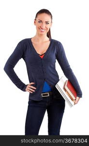 very cute smiling young student college in casual dress with book looking in camera