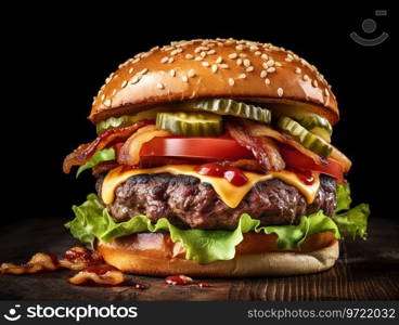 Very delicious and appetizing looking burger with black background