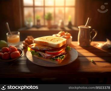 Very delicious and appetizing looking sandwich with sunset scene