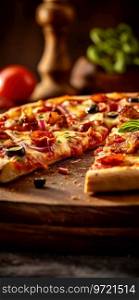 Very delicious and appetizing pizza with blurred background