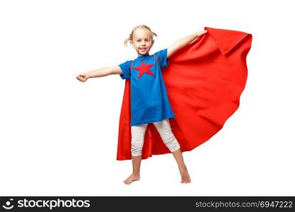 Very excited little girl dressed like hero jumping isolated on white background.. Very excited little girl dressed like hero jumping isolated on white background