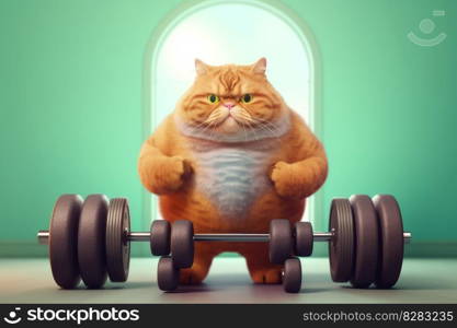 Very fat cat lift barbell. Funny character. Generate Ai. Very fat cat lift barbell. Generate Ai
