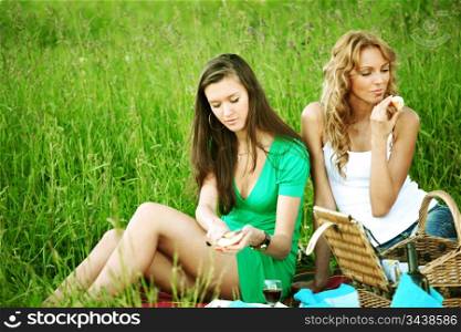 very fun girlfriends on picnic
