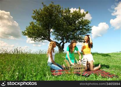 very fun girlfriends on picnic