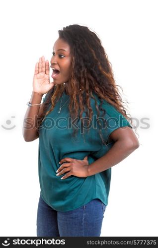 Very happy african woman screaming at someone, isolated over a white background